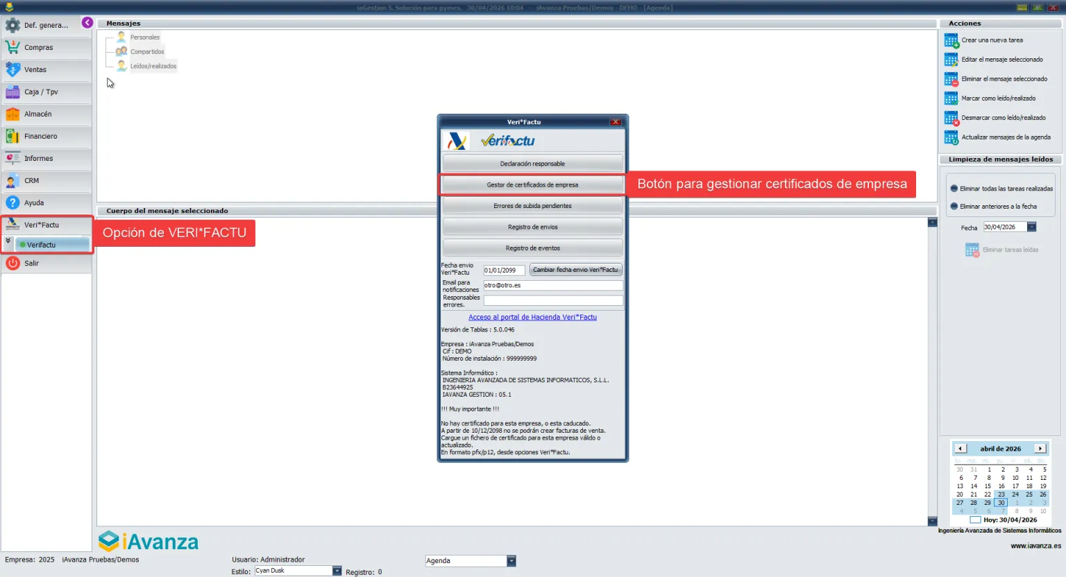 Botón de opciones verifactu y certificado en el menú principal