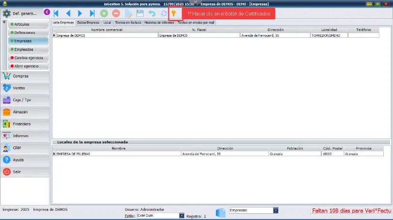 Botón de certificados en la opción de empresas