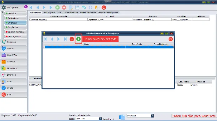 Ventana para añadir el certificado