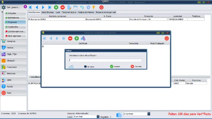 Ventana que permite añadir la clave del certificado de empresa
