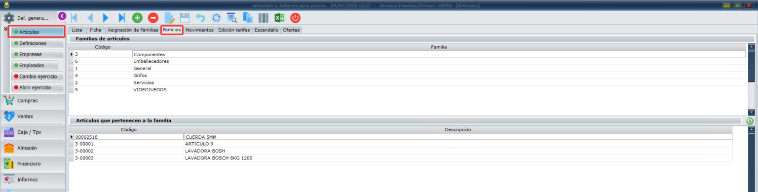 Gestión de familias en el programa de gestión para pymes