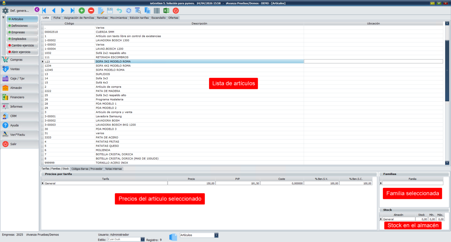 Lista de artículos en el programa de gestión en la nube de iAvanza