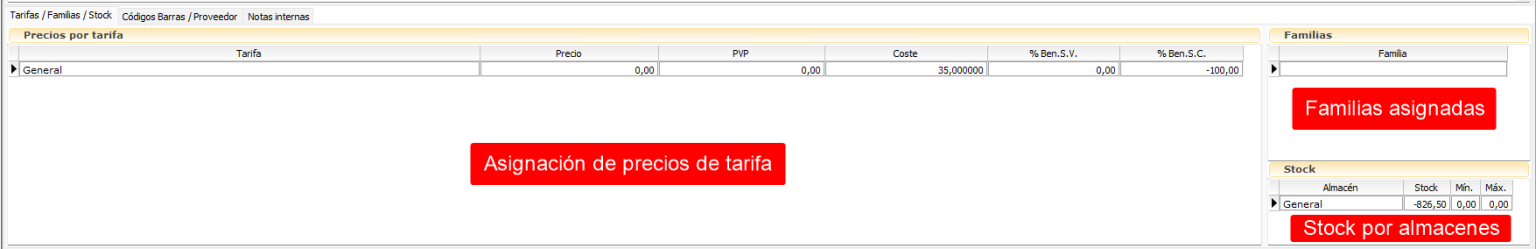 precios familias y stock del articulo