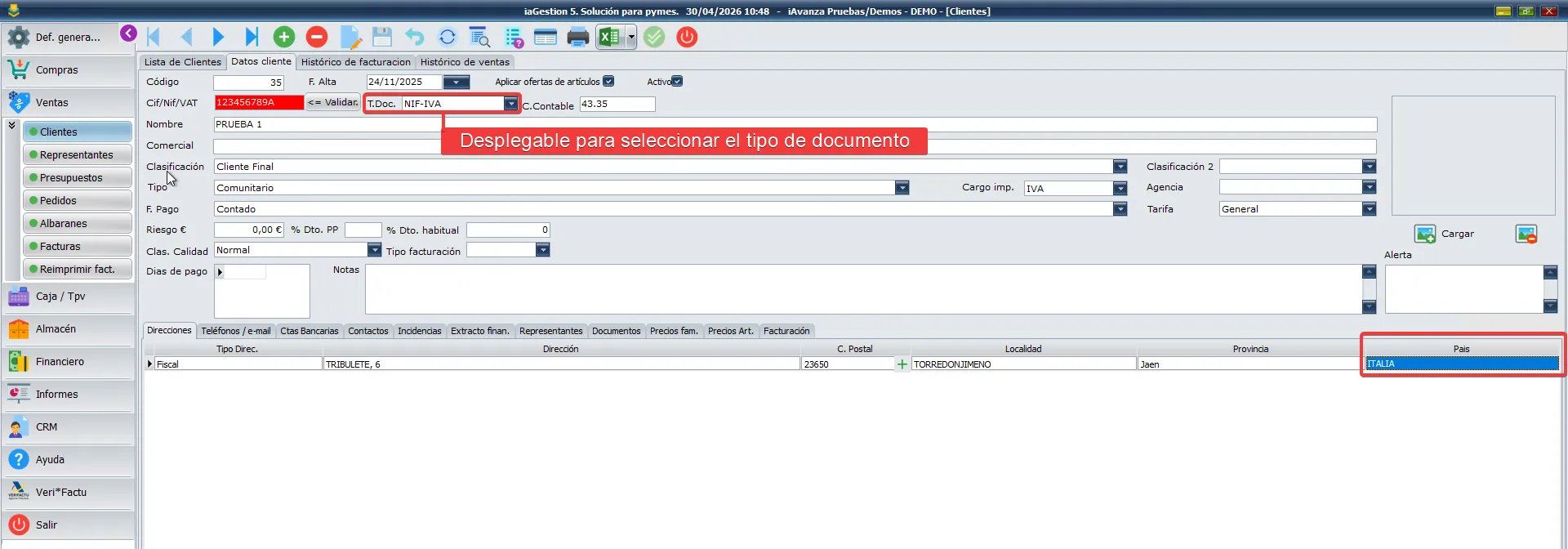 Seleccion tipo de documento cif-nif-vat