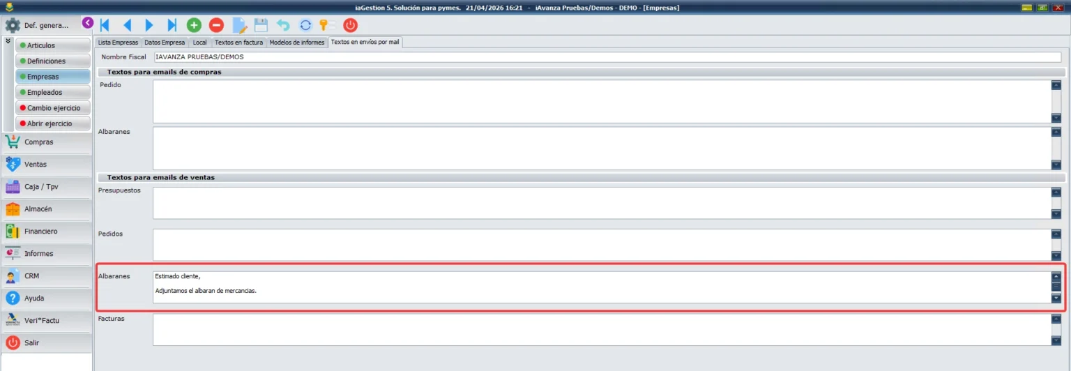 Textos predefinidos para envíos por email gestion en la nube