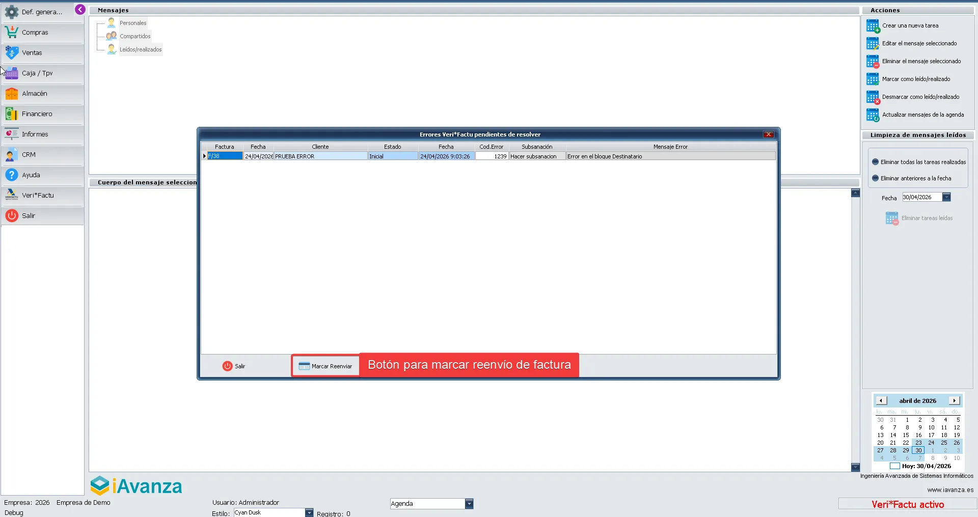 Ventana de facturas enviadas a verifactu con error