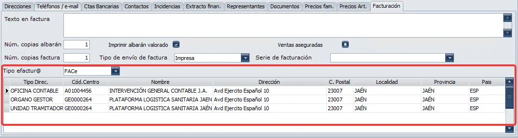 datos en la ficha de cliente para facturae