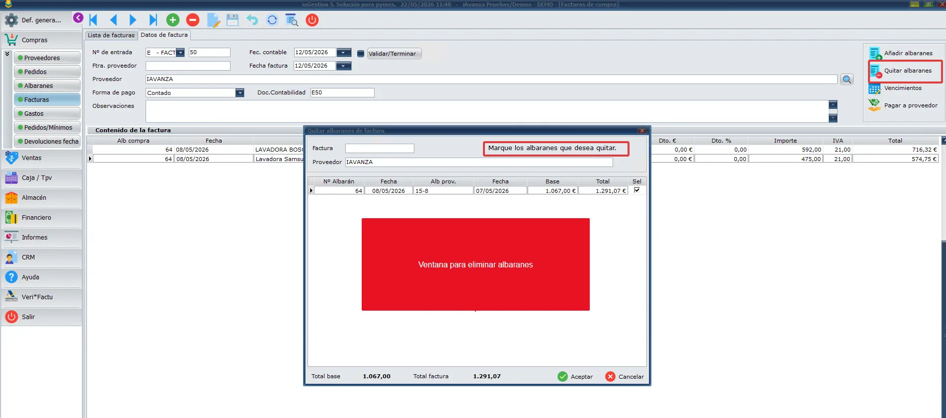 Eliminar albaranes factura de compra