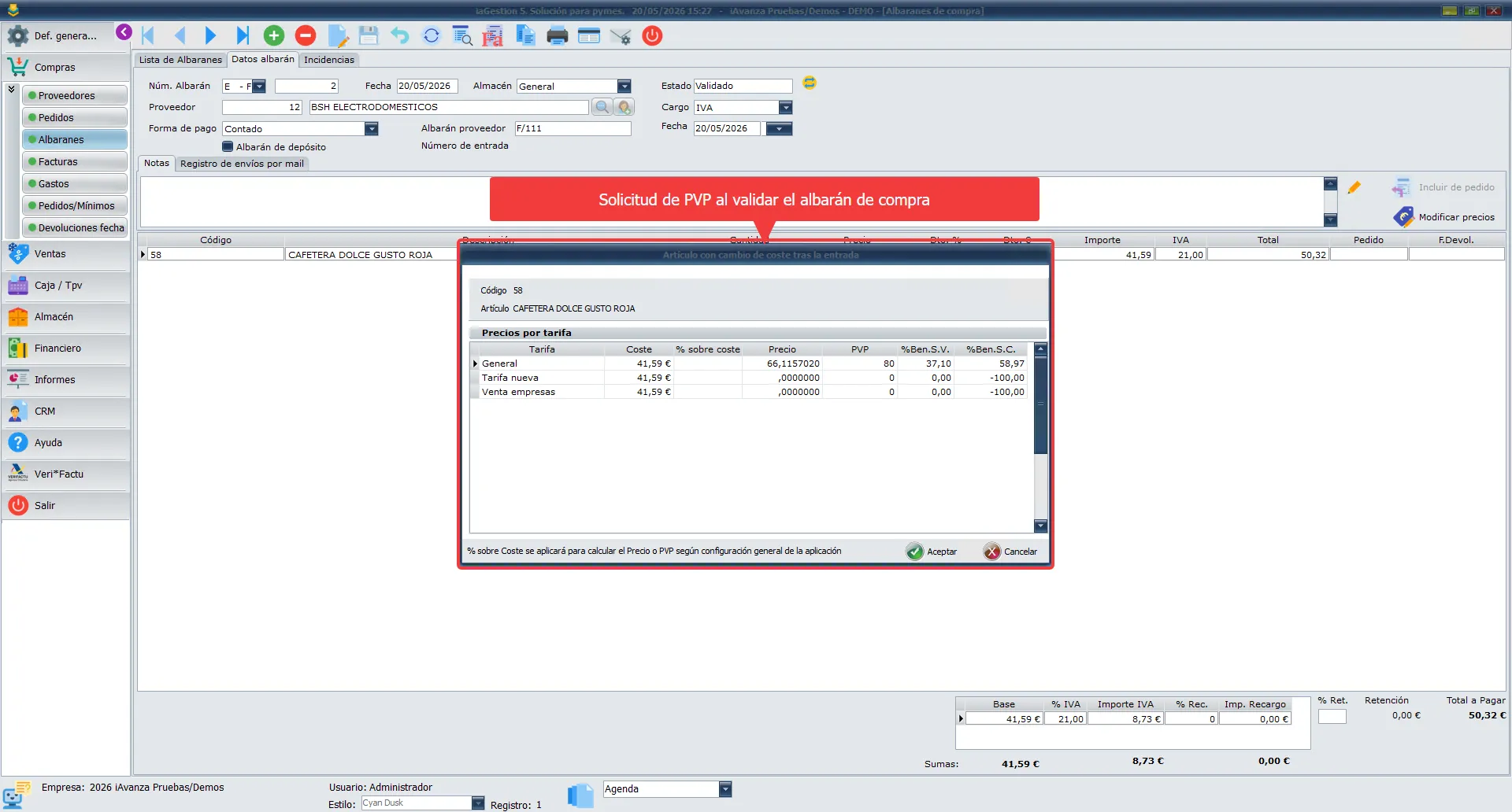solicitar pvp al validar el albaran de compra