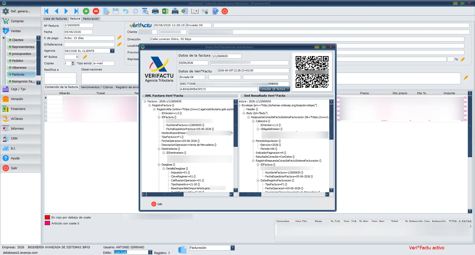 FACTURA ENVIADA A VERIFACTU Y REVISION DE LOS DATOS ENVIADOS