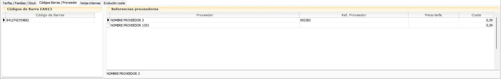 codigos de barras y datos proveedor del articulo