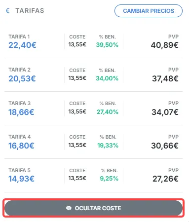 mostrar coste y porcentaje de beneficio de cada tarifa