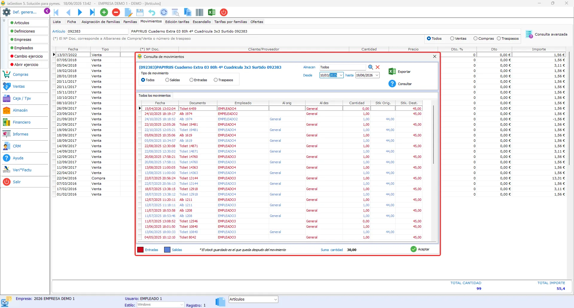 movimientos del articulo entre fechas en iagestion para pymes