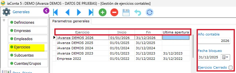 Inicio y fin de ejercicio