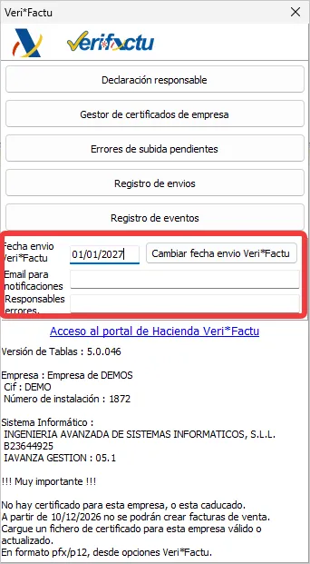 Activar el envio de facturas a verifactu