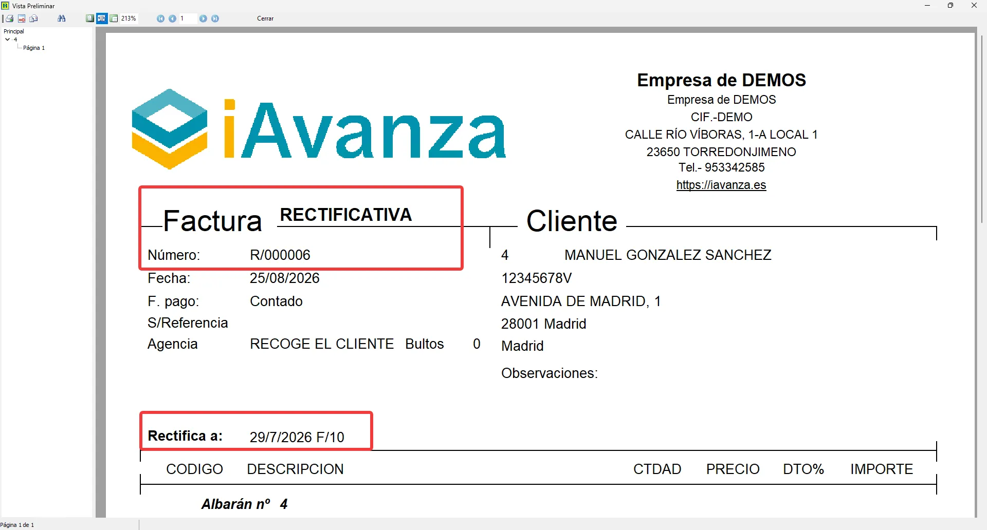 vista previa de la factura rectificativa