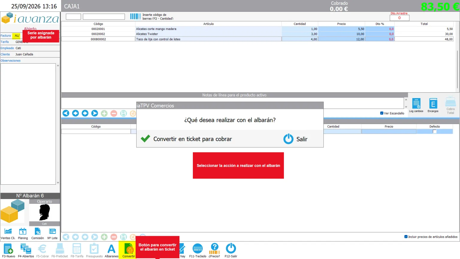 Convertir el albarán en ticket
