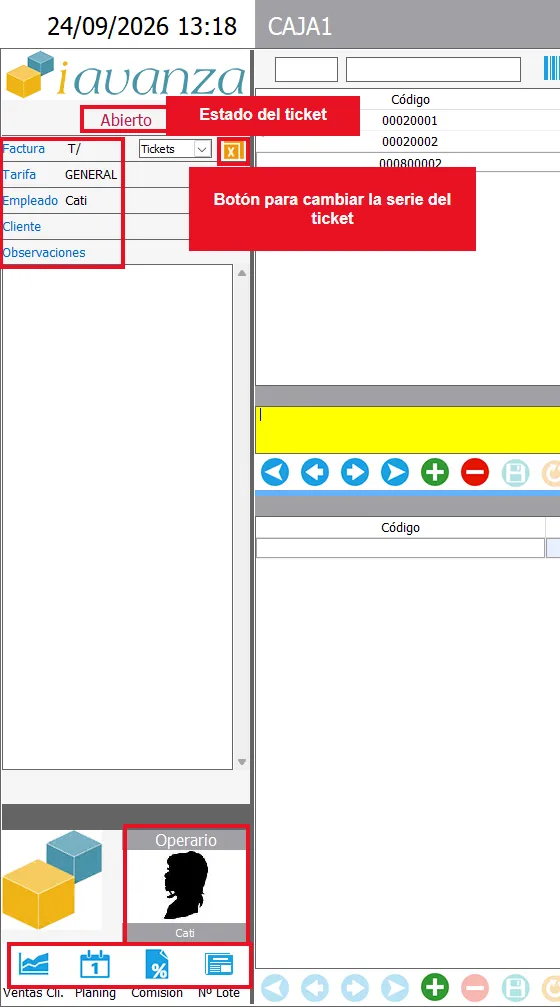 Datos ticket en tpv de ventas