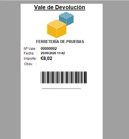 Nuevo vale de devolución en tpv de ventas