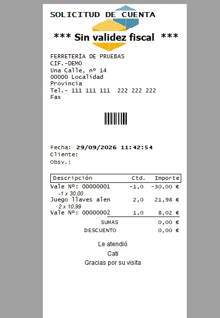 Ticket canjeo de vale en tpv ventas