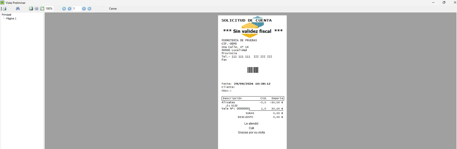 Ticket de devolución en tpv de ventas
