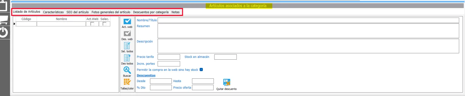 Artículos asociados a una categoría de venta online