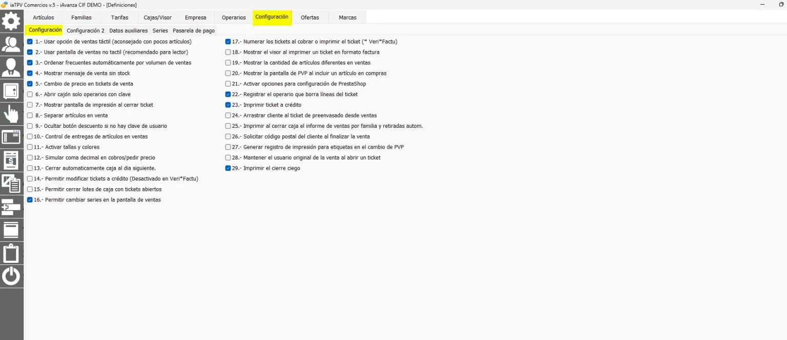 Configuración 1 en el software de comercio