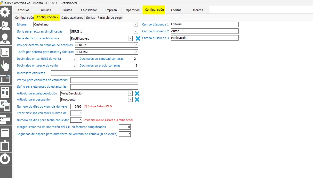 Configuración 2 en tpv de comercio