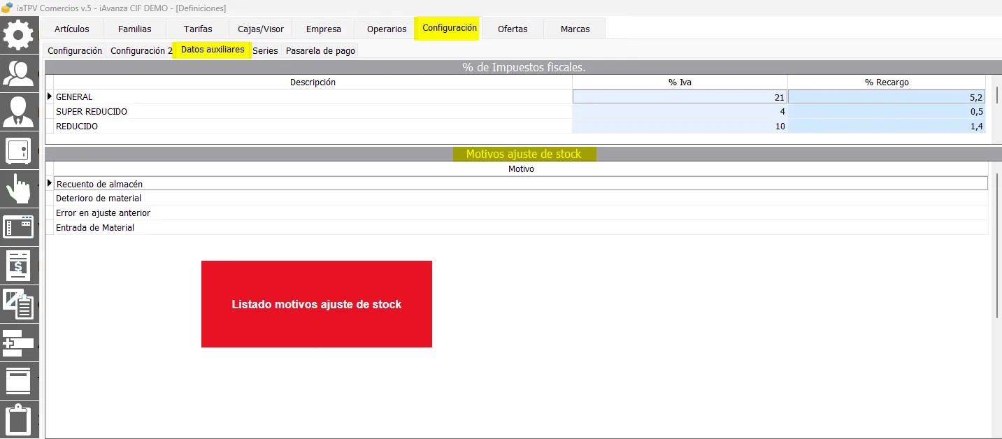 Configuración ajustes de stock en tpv comercio
