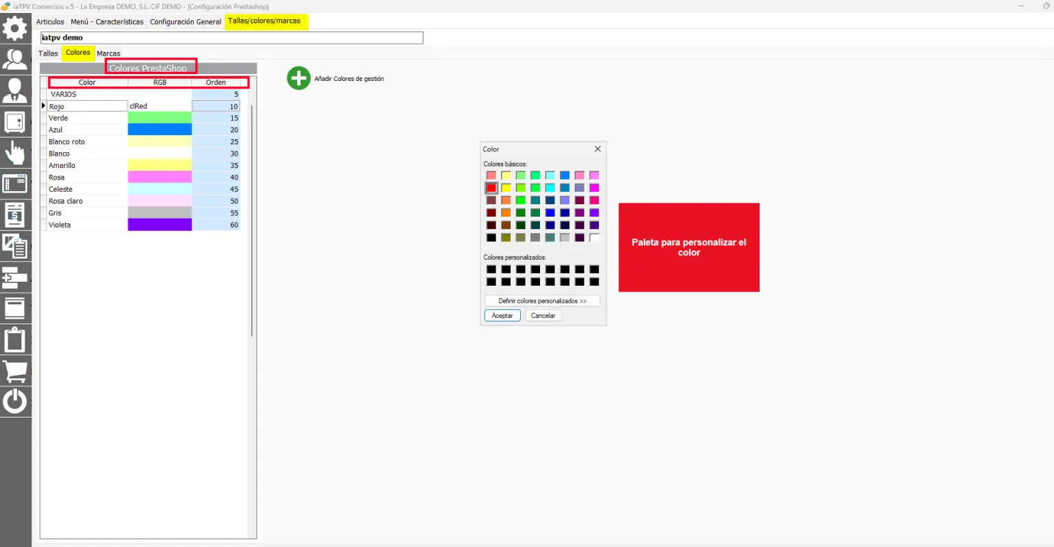 Configuración de colores en ventas online