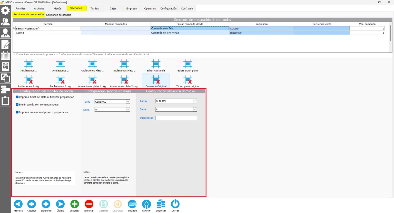 Configuración de secciones en iatpv Hostelería