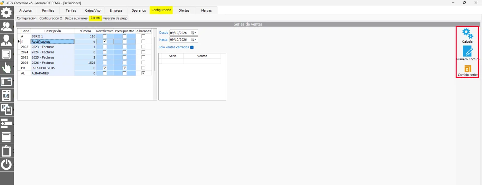 Configuración de series en tpv de comercio