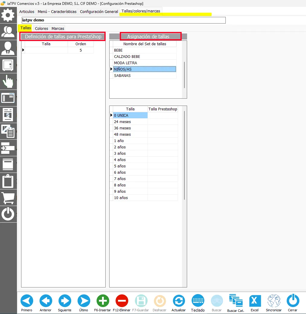 Configuración de tallas en ventas online