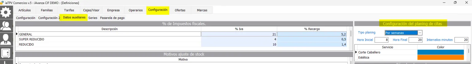 Configuración del planning de citas en tpv de comercio