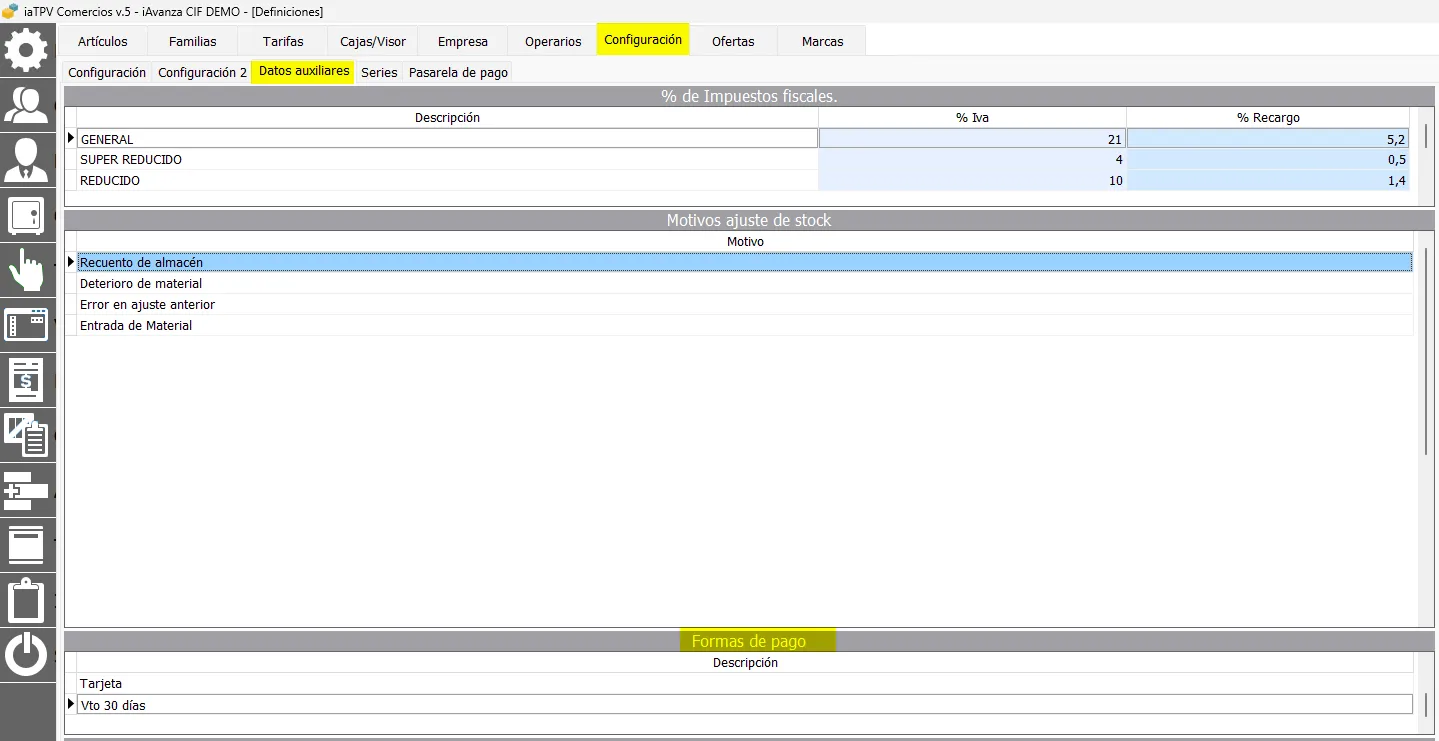 Configuración formas de pago en tpv comercio