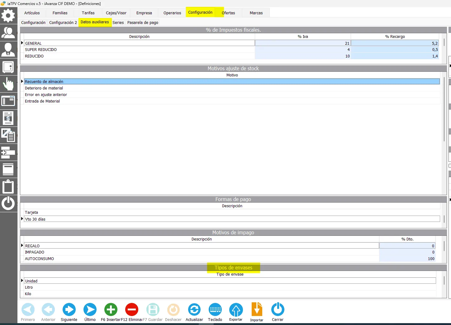 configuración tipo de envases en tpv de comercio