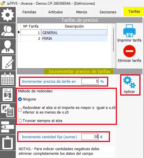 Incrementar precios de tarifas en iatpv Hostelería