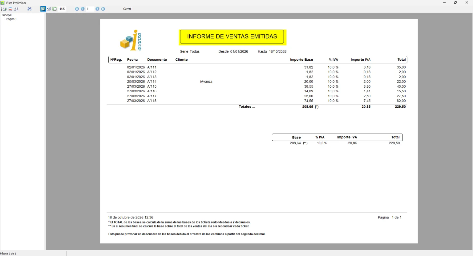 Informes de ventas emitidas en tpv hostelería